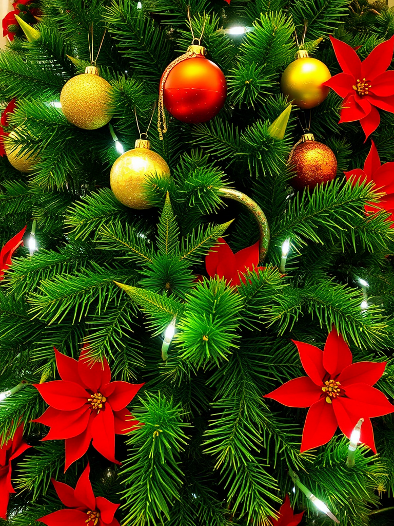 Create a festive Christmas tree scene featuring vibrant green branches adorned with shiny golden and red ornaments. Include twinkling white lights and bright red poinsettias among the foliage to enhance the holiday spirit. Focus on capturing the warm and cheerful atmosphere of a well-decorated tree.