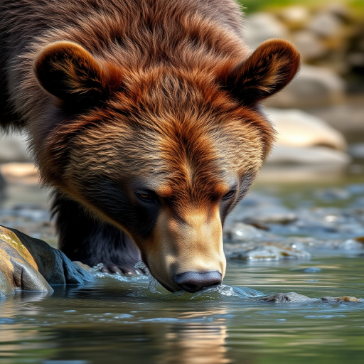 Generate an image of a bear drinking from a river, focusing closely on its face with sharp detail, natural lighting, taken with a Canon EOS-1D X Mark III, 85mm lens, f/4 aperture, ISO 200, 1/500 sec shutter speed, shallow depth of field.