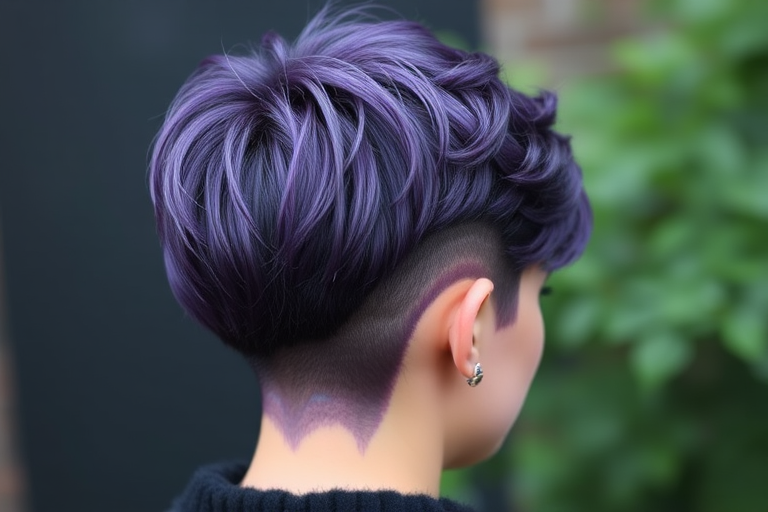Mystical deep purple pixie undercut called Amethyst Sorcery featuring a longer textured top with hidden galaxy-inspired patterns shaved into the closely cropped sides and nape