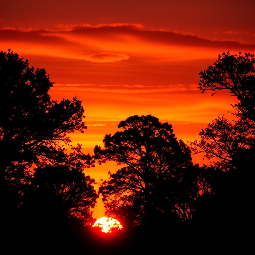 regenerate the image of a sunset scene with silhouetted trees against a vibrant orange and purple sky, camera settings: ISO 100, f/11, shutter speed 1/200s, camera view: wide-angle, camera style: landscape photography, camera type: DSLR