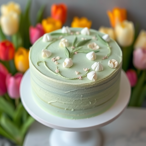 A beautifully decorated cake with a light green frosting featuring delicate white flowers and green stems, displayed on a white round cake stand, with a blurred background of colorful tulips.