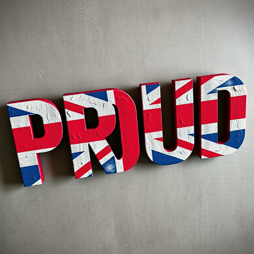 Create an image of the word PROUD in large 3D letters filled with a textured design of the Union Jack flag, shot with a DSLR camera at f/8, ISO 100, 50mm lens, using a top-down view and soft natural lighting for enhanced detail and clarity.