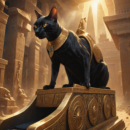 award winning digital illustration, surrealism, closeup sideview of a (ruthless black Egyptian Pharaoh cat:1.25) riding a golden chariot in an ancient pyramid city, exuding authority and dominance over terrified human slaves in the background, rich dramatic lighting, gleaming mirrored reflections, intricate textures, glowing dust, god rays,  highly detailed art <lora:MJ52:0.8> <lora:add-detail-xl:0.8>