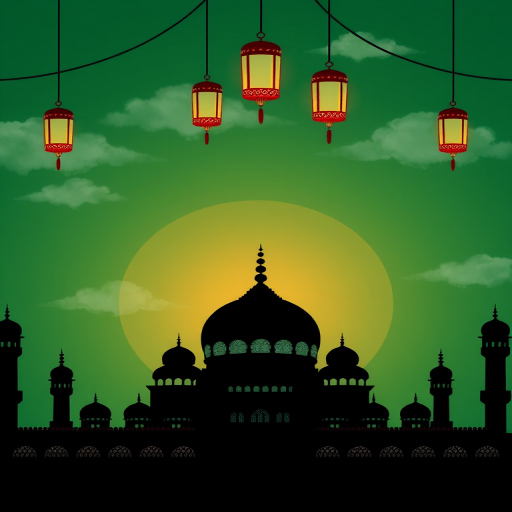 create a digital illustration of a mosque silhouette with decorative lanterns hanging above, using a deep green background and soft clouds in the foreground, camera settings: f/8, ISO 100, shutter speed 1/60, camera view: wide shot, camera style: vibrant colors, camera type: DSLR