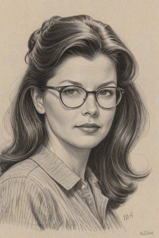 Delightful Daphne Zuniga, pencil sketch, portrait of Captivating woman 1940s in glasses, hair style beatnik, outline, clear lines, fine lines, 8k