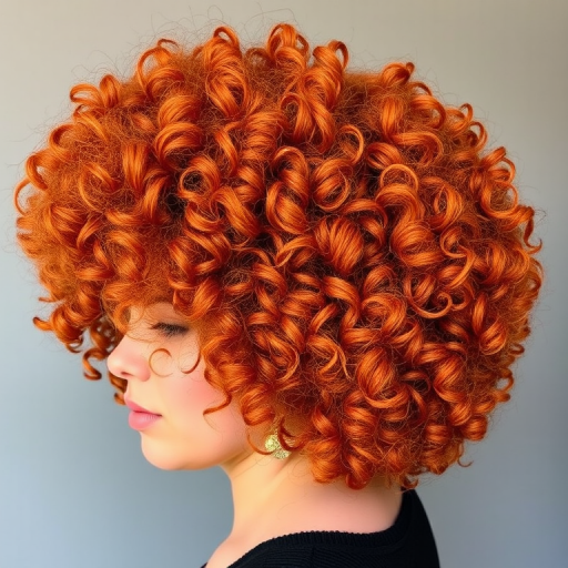 Fiery copper curls in a voluminous afro shape, known as "Autumn Ember," with golden honey highlights woven throughout for dimension and warmth