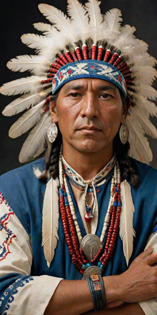 Create a dignified portrait of a Native American man dressed in traditional attire. He wears a beautifully crafted headdress adorned with white feathers and red beads, along with a beaded headband featuring intricate patterns. His clothing includes a deep blue, patterned shirt and a traditional chest piece with detailed beadwork. His arms are crossed, displaying leather armbands decorated with feathers. The background is simple and neutral, emphasizing his proud and stoic expression. The overall image captures the rich cultural heritage and strength of his persona.