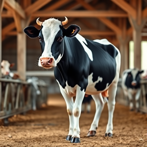 Generate a high-quality illustration of a black and white dairy cow standing sideways, captured with a DSLR camera at f/8 aperture, ISO 200, and 50mm lens, with a focus on clarity and natural colors in a well-lit barn setting.