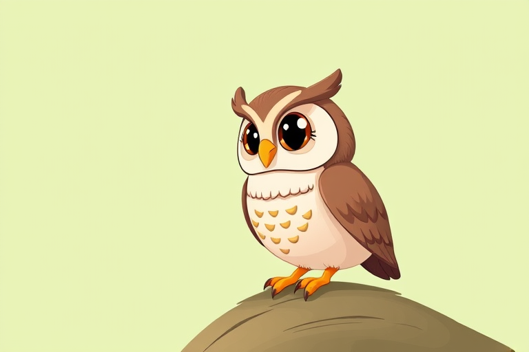 Create a vibrant illustration of a cartoon owl perched on a gentle slope with a pale green background, using a Canon EOS R5 camera, 50mm lens, aperture f/2.8, ISO 100, and a shallow depth of field for enhanced clarity and focus on the owl.