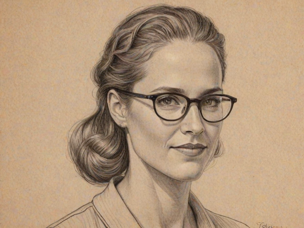 Charming Brandi Chastain, pencil sketch, portrait of Enchanting woman 1933s in glasses, hair style beatnik, outline, clear lines, fine lines, 8k