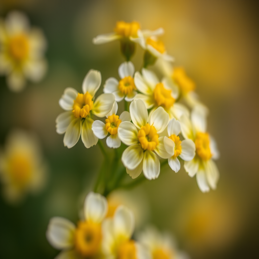 close-up of a cluster of yellow and white flowers with a soft blurred background, ISO 100, f/2.8, 1/200 sec, 85mm lens, natural light, macro photography