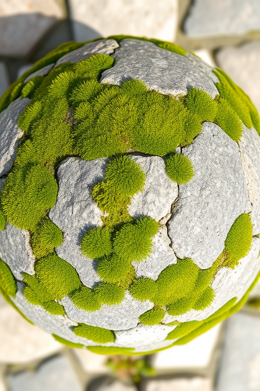 Create a high-resolution spherical texture of a weathered stone surface with moss, captured using a DSLR camera at f/8 aperture, ISO 100, 24mm focal length, in natural light to emphasize texture and detail.