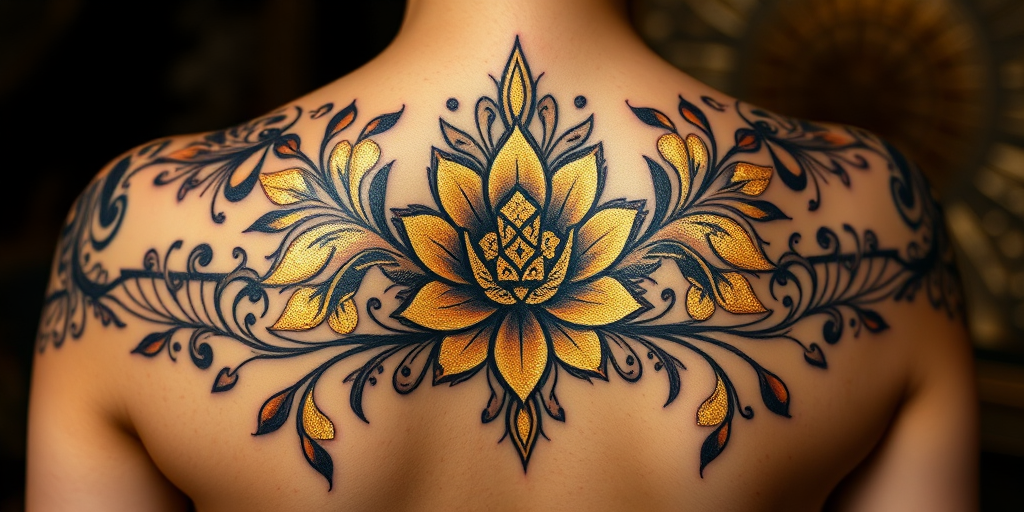 Elegant art deco tattoo titled "Golden Age Glamour" showcasing geometric patterns and stylized floral motifs in metallic gold and black ink, capturing the essence of 1920s sophistication on the back
