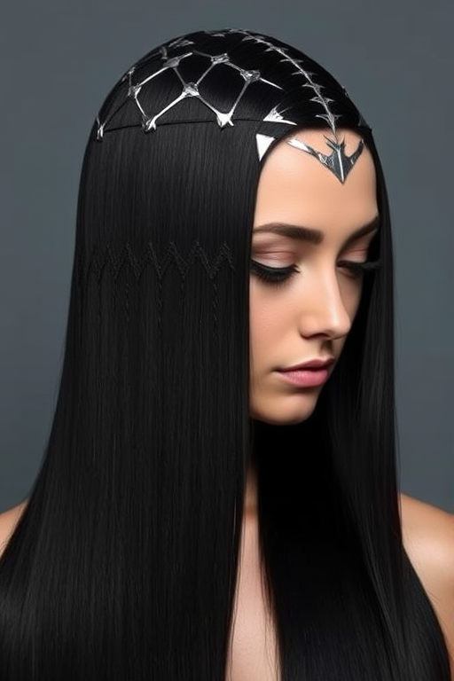 Sleek jet-black hair falls pin-straight to the waist, adorned with intricate silver geometric patterns along the scalp, creating a futuristic and avant-garde aesthetic.