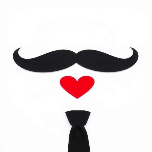 Create a minimalist illustration featuring a black mustache, a red heart, and a black tie on a white background, using a Canon EOS R5 camera with a 50mm lens, aperture set to f/1.8 for shallow depth of field, shooting in RAW format with natural lighting for enhanced detail and color richness.
