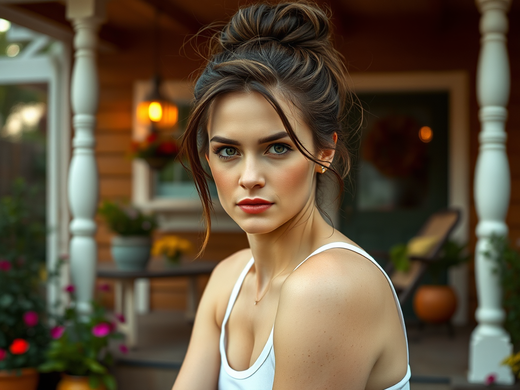 A photo of Amy Adams with a background of a cozy porch. She has dark hair pulled back in an updo, with tendrils framing her face. She wears a white tank top and sits on the porch. The porch is part of a well-lit home with a warm, earthy tone and colorful flowers and foliage. The overall scene has a warm, welcoming, and comfortable ambiance.