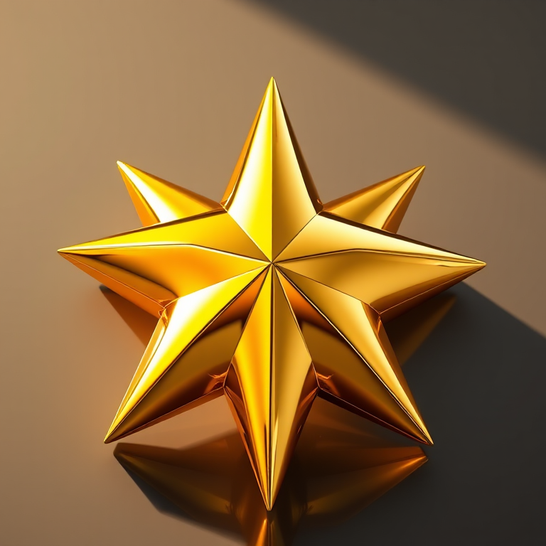 Create a high-resolution image of a 3D golden star with smooth gradients and reflective surfaces, using a Canon EOS R5 camera, 50mm lens, f/1.8 aperture, 100 ISO, and natural lighting for enhanced brightness and depth.