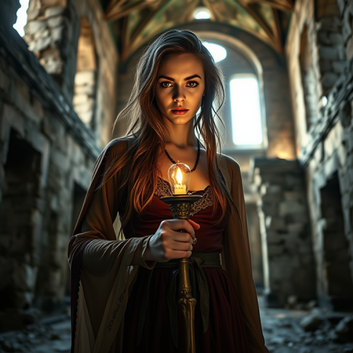 Portrait of a mystical woman in an ancient ruin, holding a magical staff, soft lighting, 85mm lens, f/1.4 aperture, ISO 100, high dynamic range, shallow depth of field, DSLR camera, dramatic low-angle view.