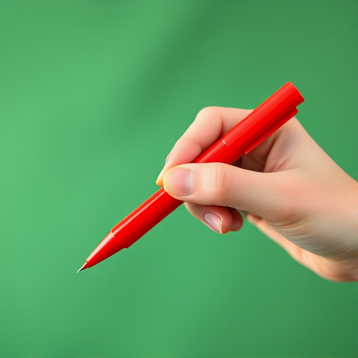 Photograph a hand holding a red marker pen against a blurred green background, shot with a DSLR camera at f/2.8 aperture, ISO 200, shutter speed 1/250s, in portrait orientation, using a shallow depth of field for enhanced clarity.