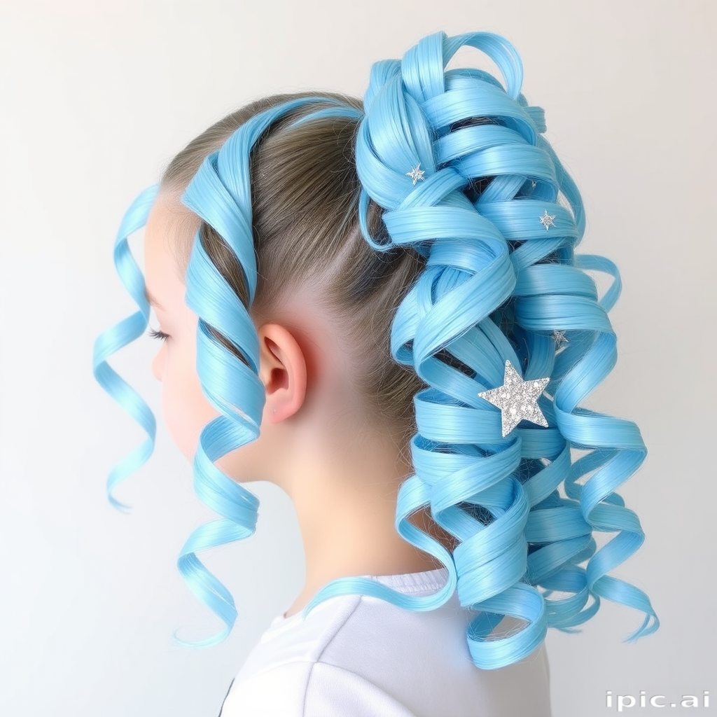 Whimsical cotton candy blue curls styled in a high ponytail with cascading ringlets and star-shaped glitter accents, known as "Stardust Dreamer" evoking childlike wonder and imagination