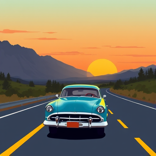 Create an illustration of a vintage blue car driving on a road with mountains in the background and a vibrant sunset, using a wide-angle lens, f/8 aperture, 1/125 sec shutter speed, and 24mm focal length, in a flat design style with bold colors and smooth gradients.