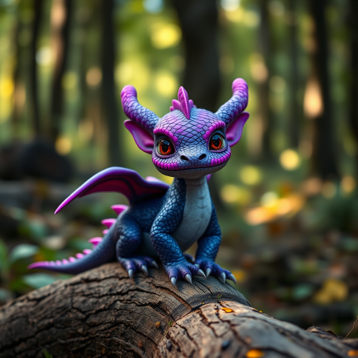 Create a highly detailed portrait of a cute dragon with vibrant purple scales sitting on a log in a fantastical forest, soft focus background, natural lighting, DSLR camera settings ISO 100, f/1.8, 50mm lens, shot at eye level to enhance depth and detail.
