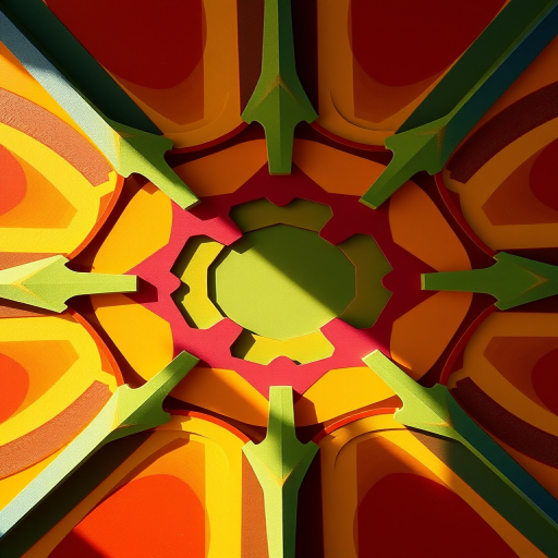Create a vibrant abstract design with interlocking geometric shapes and bold colors, captured with a Canon EOS R5, 50mm f/1.2 lens, aperture set to f/2.8, ISO 100, natural light, top-down view for dynamic perspective.