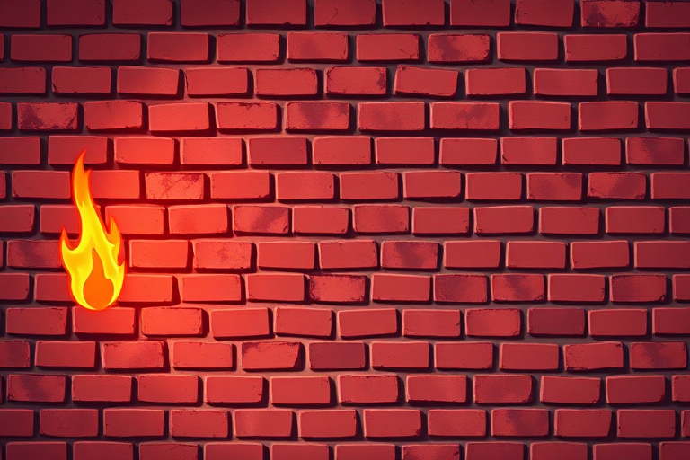 Create an illustration of a red brick wall with a flame on the left side, use a Canon EOS R5 camera, aperture f/8, ISO 100, focal length 50mm, taken from a slightly angled view to enhance depth and detail in colors, emphasizing the texture of the bricks and the vibrant flames.
