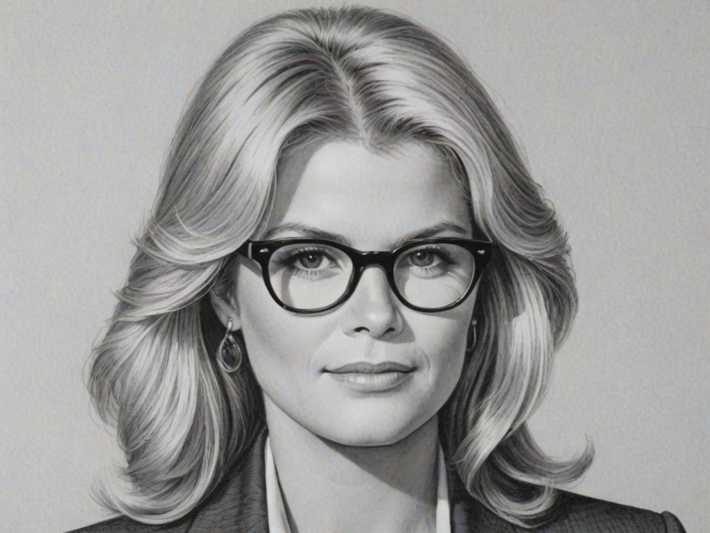 Dazzling Candice Bergen, pencil sketch, portrait of Captivating woman 1976s in glasses, hair style beatnik, outline, clear lines, fine lines, 8k
