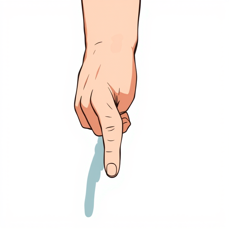 Create a high-resolution illustration of a stylized hand pointing downward, using a 50mm lens at f/2.8, an overhead view with high contrast and sharp details, in digital art style, captured with a DSLR camera.