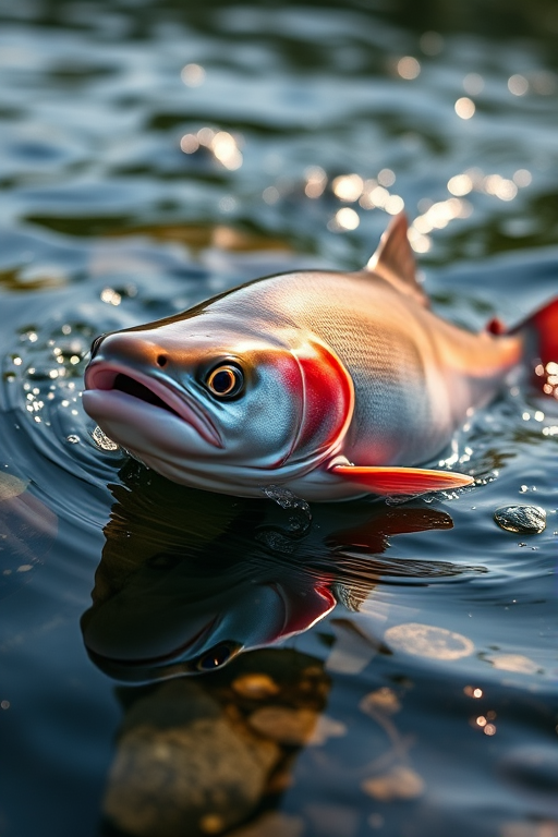 Create a high-resolution image of a salmon fish swimming, captured with a Canon EOS 5D Mark IV at f/8 aperture, ISO 200, 1/250 sec shutter speed, in a natural lake setting, utilizing a macro lens for detailed textures and colors.