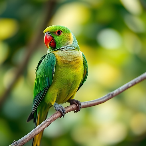 capture a vibrant green parrot perched on a branch with a blurred natural background, use a DSLR camera, aperture f/2.8, shutter speed 1/400s, ISO 400, focus on the parrot with a bokeh effect
