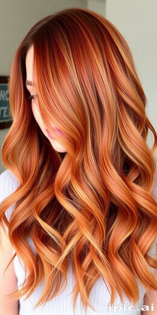 Vibrant copper-hued locks cascading in loose waves, known as "Sunset Serenade," feature subtle golden highlights throughout, creating a mesmerizing blend of warm tones that shimmer in the light, framing the face with soft tendrils and ending just below the shoulders, exuding a romantic and ethereal aura