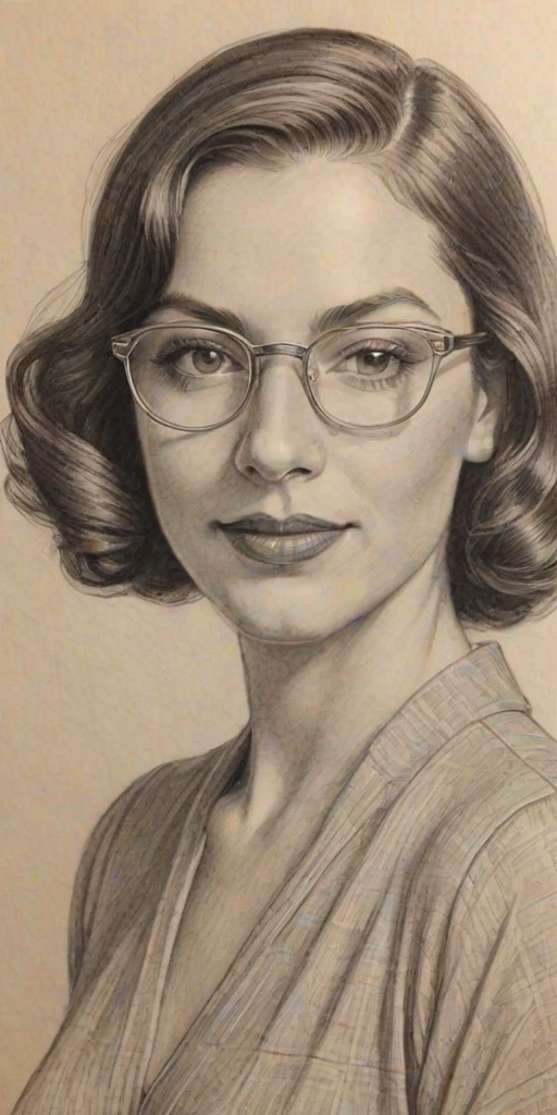 Magnificent Gina Linetti, pencil sketch, portrait of Superb woman 1934s in glasses, hair style beatnik, outline, clear lines, fine lines, 8k