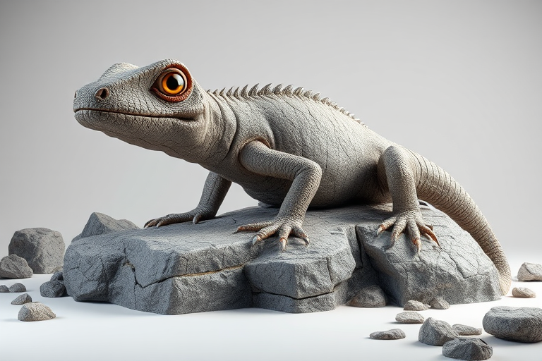 create a highly detailed 3D render of a cartoonish rock formation shaped like a lizard, with intricate textures and shadows, using a Canon EOS R5 camera with a 50mm f/1.2 lens, aperture set to f/8, ISO 100, and a focal length of 50mm, in a well-lit studio environment with soft diffused lighting to enhance clarity and depth