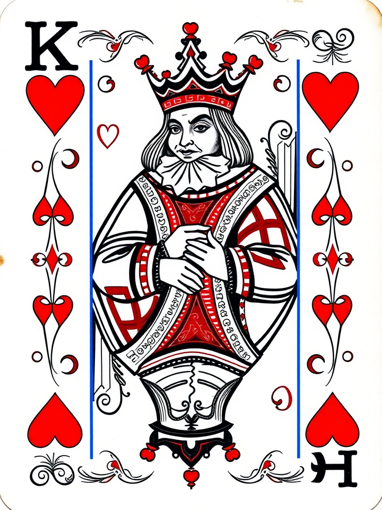 Create an illustration of the King of Hearts playing card, featuring intricate line art details, vibrant red hearts, and a vintage design aesthetic, captured with a DSLR camera at f/2.8, ISO 100, 1/100 sec, overhead view in natural lighting for enhanced color contrast and clarity.
