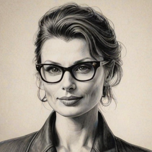 Wonderful Bridget Moynahan, pencil sketch, portrait of Elegant woman 1961s in glasses, hair style beatnik, outline, clear lines, fine lines, 8k