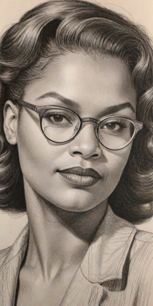 Gorgeous Mo'Nique, pencil sketch, portrait of Captivating woman 1939s in glasses, hair style beatnik, outline, clear lines, fine lines, 8k