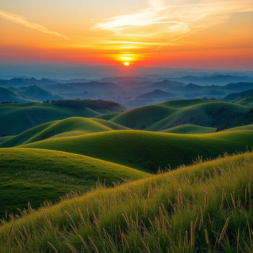 Create a digital artwork of a serene landscape with rolling hills and a vibrant sunset in the background, captured with a Canon EOS R5 using a 24-70mm f/2.8 lens, aperture set to f/8, ISO at 100, and try a wide-angle view to enhance the foreground details and colors.