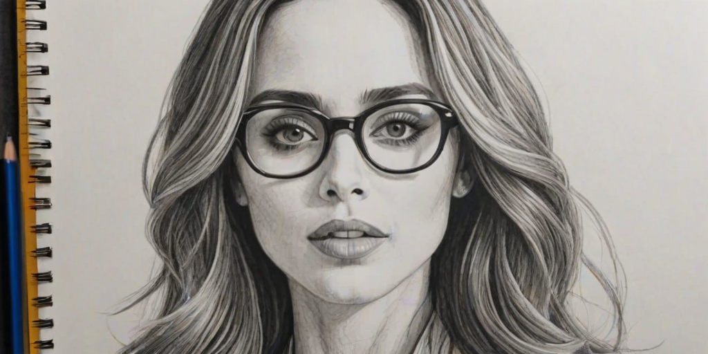Stunning Eliza Dushku, pencil sketch, portrait of Fascinating woman 1969s in glasses, hair style beatnik, outline, clear lines, fine lines, 8k