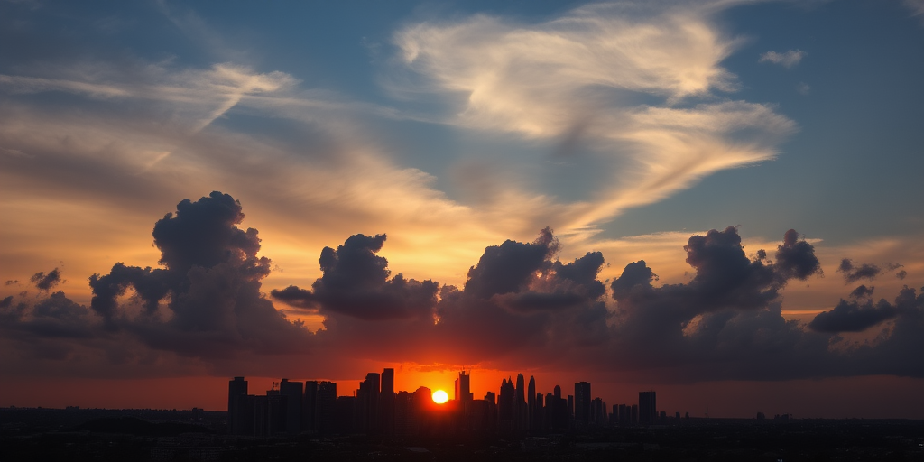 sunset over city skyline with dramatic clouds, low angle view, ISO 100, f/8, 1/60s, DSLR camera, wide-angle lens