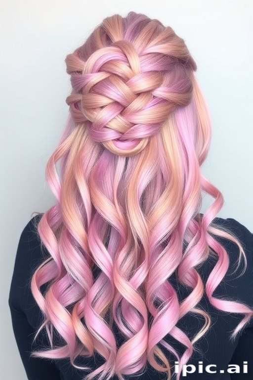 Whimsical hair style presenting pastel pink and lavender balayage highlights on long wavy tresses styled in a romantic half-up crown braid