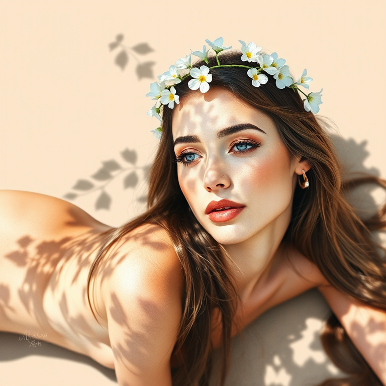 create a watercolor painting of an ethereal portrait of beautiful Turkish woman with a simple white flower crown on her head. Her hair is long and she is lying on the ground. The sunlight on the trees casts shadows from the leaves on her face and body. The background is a neutral brown color that matches her skin tone. The image is minimalist and solid colors. This style is characterized by soft, delicate brushstrokes and a light, airy, contrasting color palette. High level of detail and play of light