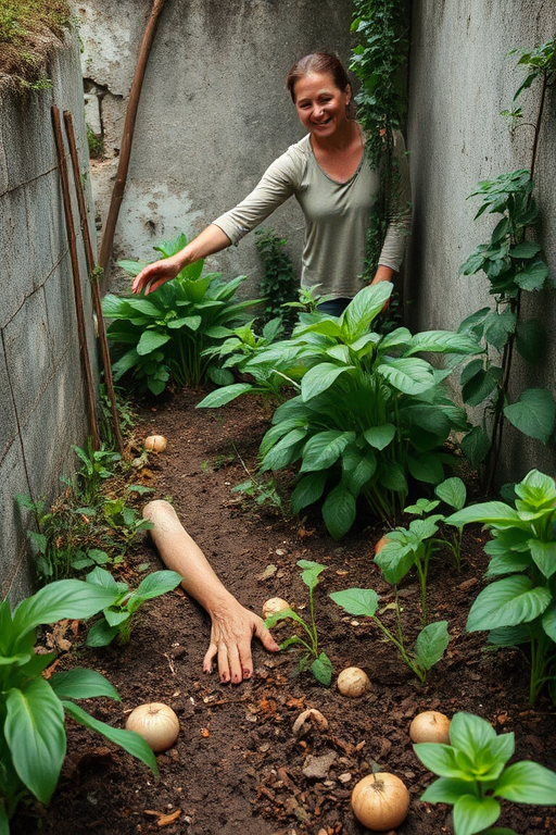 Overgrown city garden, hidden behind crumbling walls, a woman tends to a patch of vegetables, her hands dirty with soil as she smiles at her small, flourishing sanctuary.