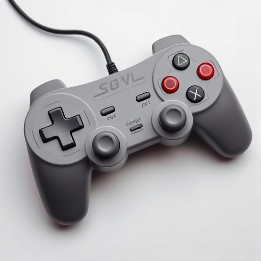 Create a high-resolution image of a classic gray gaming controller with detailed buttons and a visible wire, shot in a top-down view using a DSLR camera at f/2.8 aperture, ISO 100, shutter speed 1/60s, and soft studio lighting to enhance depth and texture.