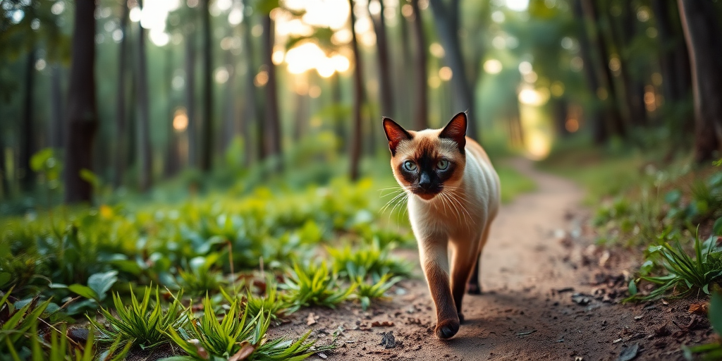 A Siamese cat walking on a dirt path in a forest with lush greenery, soft focus background, golden hour lighting, aperture f/2.8, shutter speed 1/200s, ISO 100, DSLR camera, wide-angle lens, low-angle shot.