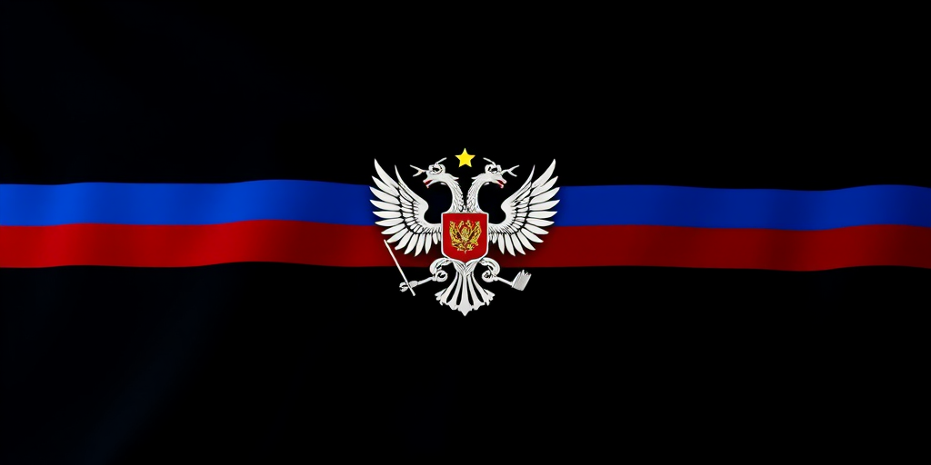 Create a high-resolution image of the Russian coat of arms set against a black flag background featuring horizontal red, blue, and white stripes, captured with a Canon EOS 5D Mark IV, 50mm lens, f/1.8 aperture, low-angle view, soft focus style.
