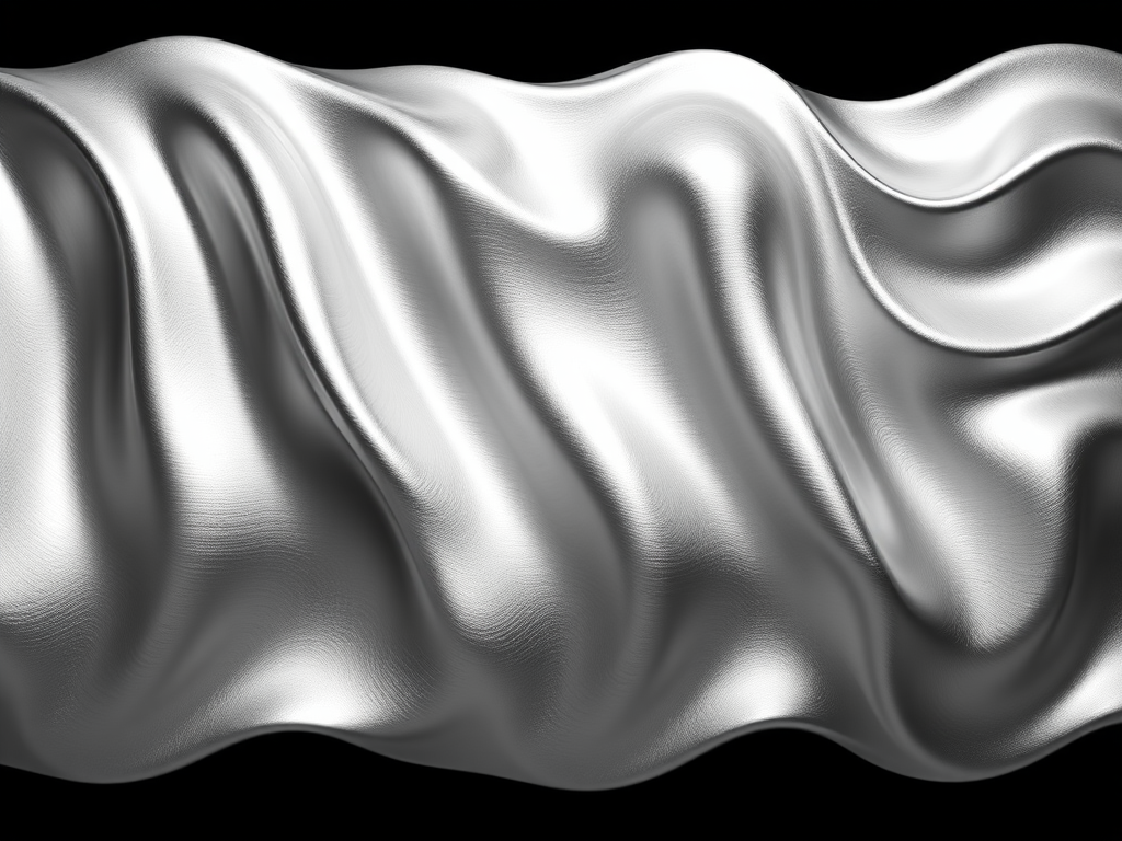 Create a high-resolution image of an abstract wave pattern with silver metallic stripes, captured using a DSLR camera at f/2.8, ISO 100, 50mm lens, in a soft focus style against a solid black background.