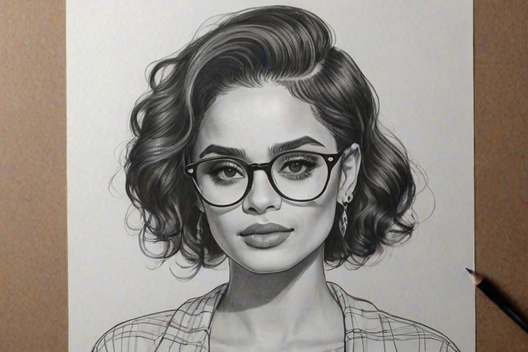 Charming Kehlani, pencil sketch, portrait of Ravishing woman 1927s in glasses, hair style beatnik, outline, clear lines, fine lines, 8k