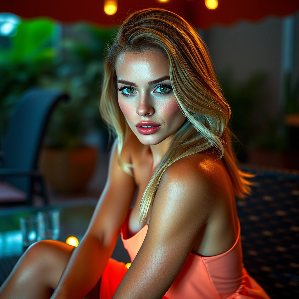 Alluring photo of woman:caucasian:0.4, highlight hair, wearing Neon dress, sitting on Patio furniture, rim lighting, studio lighting, looking at the camera, dslr, ultra quality, sharp focus, tack sharp, dof, film grain, Fujifilm XT3, crystal clear, 8K UHD, highly detailed glossy eyes, high detailed skin, skin pores